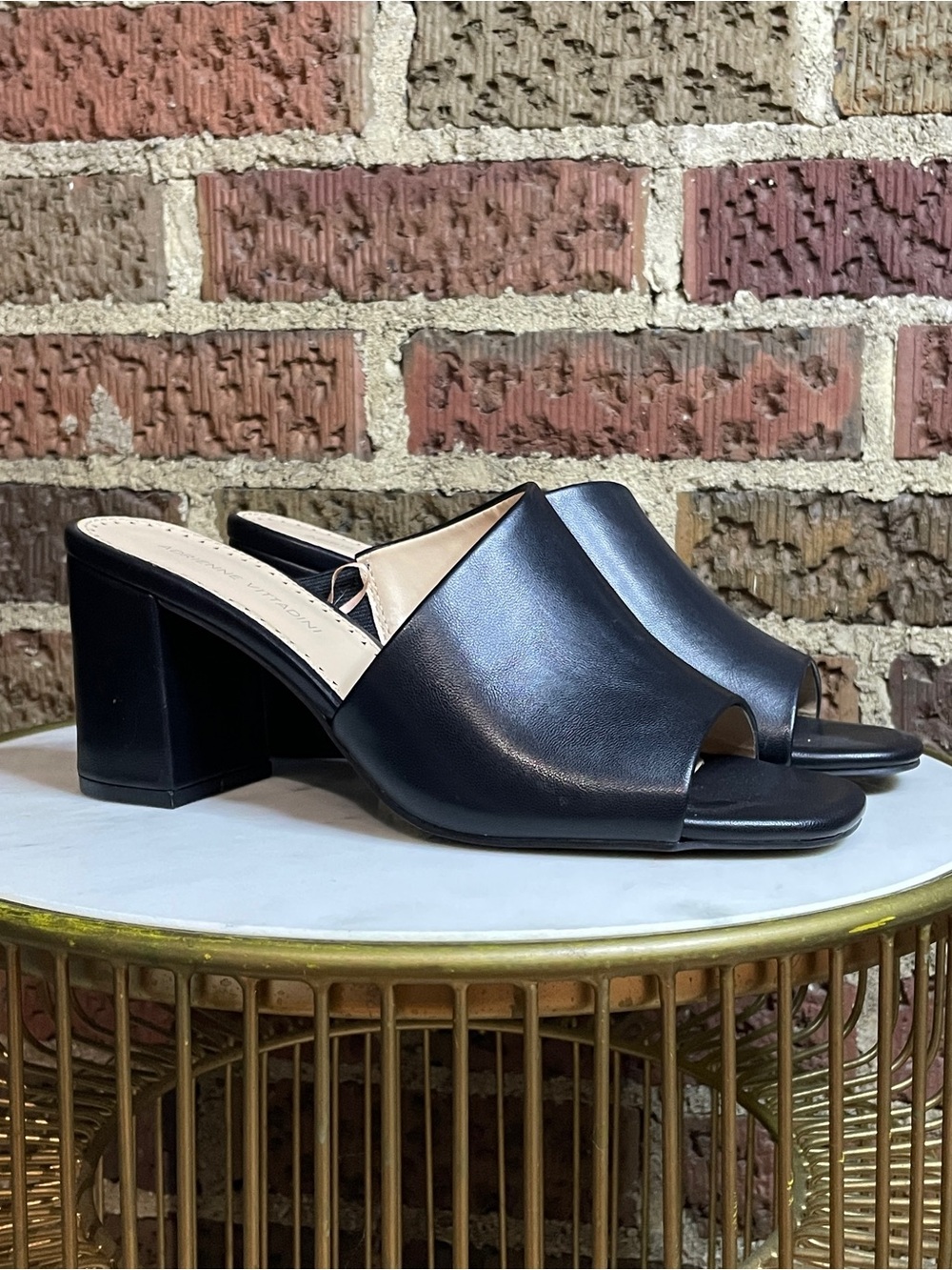 Adrienne Vittadini Black Leather Open-Toe Block Heel Mules Size 8.5